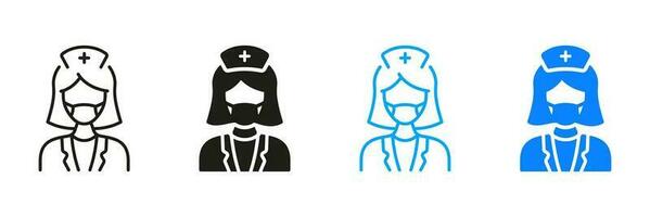 Physician, Orthodontist, Endodontist Pictogram Collection. Dental Doctor Woman in Face Mask Silhouette and Line Icon Set. Female Dentist, Surgeon Black and Color Sign. Isolated Vector Illustration.