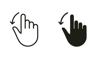 Hand Finger Drag Down Line and Silhouette Black Icon Set. Pinch Screen, Swipe and Rotate Touch Screen Pictogram. Gesture Slide Down Symbol Collection on White Background. Isolated Vector Illustration.