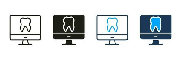 virtual consulta para dental cuidado. remoto dentista ayuda símbolo recopilación. en línea odontología silueta y línea icono colocar. diente salud diagnóstico en computadora pictograma. aislado vector ilustración.