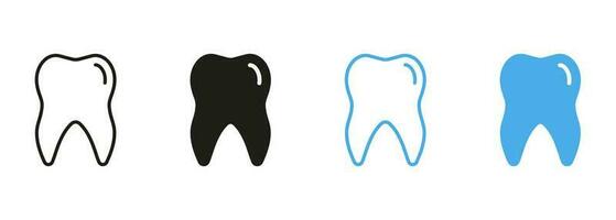 humano diente línea y silueta color icono colocar. oral higiene pictograma. diente cuidado, dental tratamiento símbolo colección en blanco antecedentes. odontología clínica logo. aislado vector ilustración.
