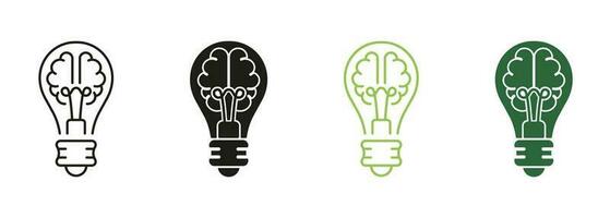 Knowledge, Smart Solution Line and Silhouette Color Icon Set. Light Bulb and Human Brain Pictogram. Inspiration, Creative Idea Symbol Collection on White Background. Isolated Vector Illustration.