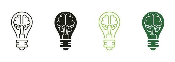 Knowledge, Smart Solution Line and Silhouette Color Icon Set. Light Bulb and Human Brain Pictogram. Inspiration, Creative Idea Symbol Collection on White Background. Isolated Vector Illustration.