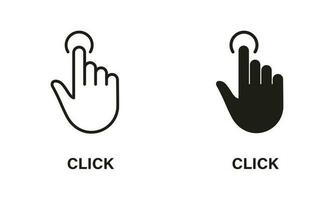 Click Gesture, Hand Cursor of Computer Mouse Line and Silhouette Icon Set. Pointer Finger Press or Point Pictogram. Swipe, Touch, Tap Sign Collection on White Background. Isolated Vector Illustration.