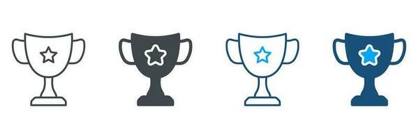 Trophy Cup for Winner Silhouette and Line Icon Set. Successful in Contest. Award in Sport Championship, Leadership, Champion Prize Symbol Collection. Goblet Pictogram. Isolated Vector Illustration.