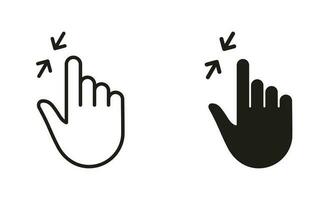 Zoom Gesture, Hand Finger Swipe Up and Down Line and Silhouette Black Icon Set. Reduce Screen, Rotate Touch Screen Pictogram. Gesture Slide Up and Down Sign Collection. Isolated Vector Illustration.