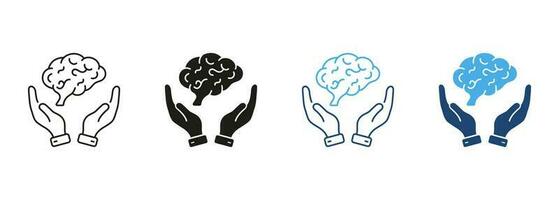 Neurology, Psychology Line and Silhouette Color Icon Set. Human Brain with Hands Pictogram. Education, Logic Analysis, Memory, Mind Symbol Collection on White Background. Isolated Vector Illustration.