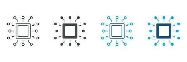 Electronic Circuit, Central Processing Unit Symbol Collection. Micro Chip Board, Digital Technology, Artificial intelligence Pictogram. CPU Silhouette and Line Icon Set. Isolated Vector Illustration.