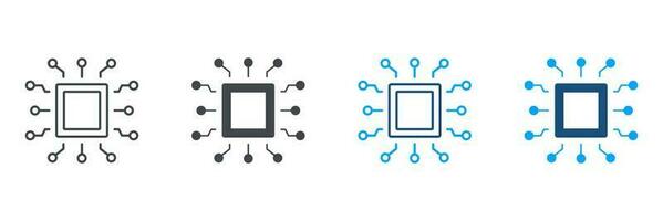 electrónico circuito, central Procesando unidad símbolo recopilación. micro chip junta, digital tecnología, artificial inteligencia pictograma. UPC silueta y línea icono colocar. aislado vector ilustración.