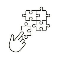 Puzzle Strategy Solution Line Icon. Jigsaw and Human Hand Linear Pictogram. Connect Parts of Puzzle, Team Game Outline Sign. Editable Stroke. Isolated Vector Illustration.