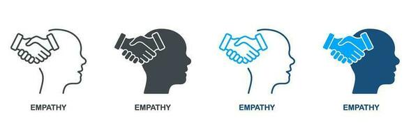 Empathy and Compassion Silhouette and Line Icon Set. Emotional Solace, Solidarity Symbol Collection. Human Head and Agreement Handshake Pictogram. Isolated Vector Illustration.