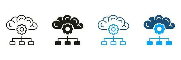 datos ciencia, artificial inteligencia negro y color pictograma colocar. humano cerebro digital nube concepto silueta y línea iconos ai inteligente tecnología símbolo recopilación. aislado vector ilustración.