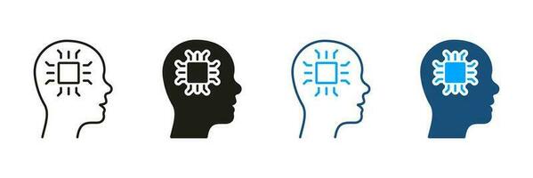 Innovation Neuroscience AI Concept Pictogram. Human Head and Chip Technology Silhouette and Line Icons Set. Artificial Intelligence Black and Color Symbol Collection. Isolated Vector Illustration.