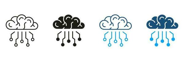 Tech Science Black and Color Symbol Collection. Digital Technology Concept, Human Brain with Circuit Silhouette and Line Icons Set. Artificial Intelligence Pictogram. Isolated Vector Illustration.