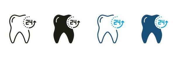 Dental Protection for 24 Hours Silhouette and Line Icons Set. Teeth Hygiene, Dental Treatment Symbol Collection. Oral Care, Fresh Tooth Pictogram. Dentistry Sign. Isolated Vector Illustration.
