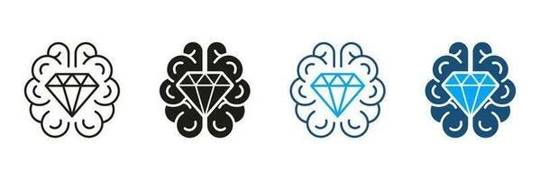 Human Brain with Diamond Silhouette and Line Icons Set. Creative Smart Idea, Jewelry in Mind Black and Color Symbol Collection. Brilliant Genius Pictogram. Isolated Vector Illustration.