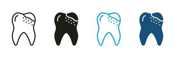 dental caries silueta y línea íconos colocar. dolor de muelas, decaer dientes problema negro y color signo. oral higiene, diente dolor pictograma. dental tratamiento símbolo recopilación. aislado vector ilustración.