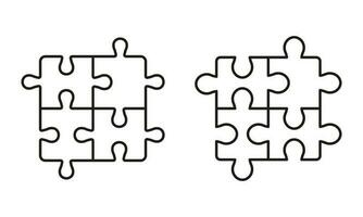 Puzzle Pieces Match, Combination Solution Line Icon Set. Teamwork, Challenge, Idea, Logic Game Outline Sign. Square Jigsaw Linear Pictogram. Editable Stroke. Isolated Vector Illustration.