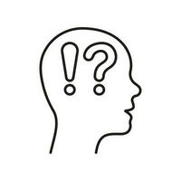 Man Confused Outline Symbol. Human Head with Question Mark, Exclamation Point Line Icon. Person Face in Profile View Curious and Doubt Linear Pictogram. Editable Stroke. Isolated Vector Illustration.