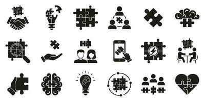 Team Management, Interaction and Communication Solid Symbol Collection. Puzzle Jigsaw Game, Teamwork Concept Silhouette Icon Set. Brainstorm on Meeting Glyph Pictogram. Isolated Vector Illustration.