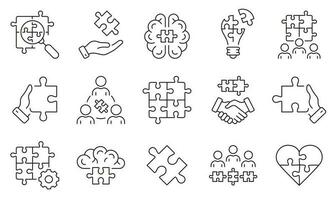 Business Partnership, Teamwork Line Icon Set. Team Connection, Communication Management Linear Pictogram. Jigsaw Puzzle Pieces Outline Symbol Collection. Editable Stroke. Isolated Vector Illustration.