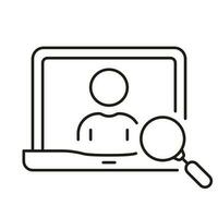 Human Resources Line Icon. HR Research in Laptop Linear Pictogram. Employee Candidate, Job Recruitment, Work Opportunity Outline Symbol. Web Employment. Editable Stroke. Isolated Vector Illustration.