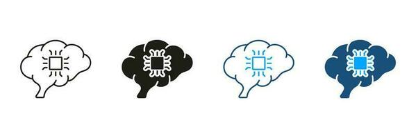 Modern Technology, Human Brain and Network Chip Silhouette and Line Icons Set. AI, Innovation Neuroscience, Artificial Intelligence Black and Color Symbol Collection. Isolated Vector Illustration.