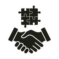 Jigsaw and Handshake Silhouette Icon. People Match, Found Solution Together, Business Cooperation Glyph Sign. Relationship, Agreement, Partnership Solid Pictogram. Isolated Vector Illustration.