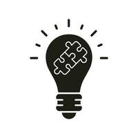 Solution Glyph Pictogram. Jigsaw in Light Bulb, Invention Strategy Solid Symbol. Success Innovation, Inspiration, Idea Concept, Puzzle in Lightbulb Silhouette Icon. Isolated Vector Illustration.