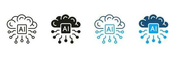 Digital Technology Concept. Tech Science Black and Color Symbol Collection. Artificial Intelligence Silhouette and Line Icons Set. Human Brain with Circuit Pictogram. Isolated Vector Illustration.