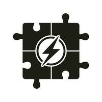 Brainstorming, Jigsaw Combination with Lightning, Find Solution Silhouette Icon. Connect Together. Teamwork Strategy Solid Sign. Puzzle Pieces with Bolt Glyph Pictogram. Isolated Vector Illustration.
