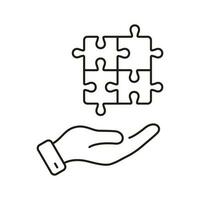 Jigsaw Piece, Success Teamwork Linear Pictogram. Strategy, Problem Solving, Solution, Idea Outline Sign. Puzzle and Human Hand Line Icon. Editable Stroke. Isolated Vector Illustration.