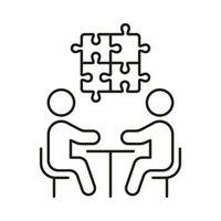 Puzzle and Team Work Linear Pictogram. Business Cooperation, Jigsaw and People Meeting Line Icon. Teamwork Connection, Management Outline Sign. Editable Stroke. Isolated Vector Illustration.