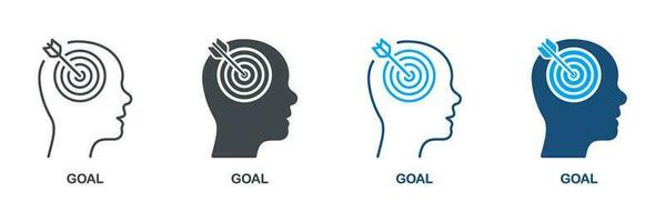 Goal, Focus, Target, Aim Silhouette and Line Icon Set. Objective Focused Person Symbol Collection. Arrow in Human Brain Pictogram. Concentration Intellectual Process. Isolated Vector Illustration.