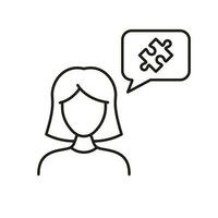 Woman and Puzzle Jigsaw in Speech Bubble Line Icon. Business Cooperation Linear Pictogram. Communication, Discussion, Dialog Outline Sign. Editable Stroke. Isolated Vector Illustration.