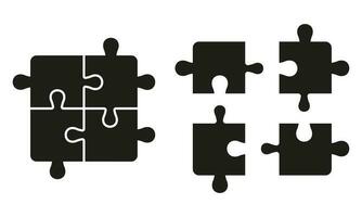 Puzzle Pieces Match, Combination Solution Silhouette Icon Set. Assemble and Disassemble Jigsaw Solid Symbol. Team Integration, Teamwork Glyph Pictogram. Isolated Vector Illustration.