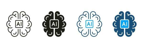 Human Brain with Circuit Pictogram. Digital Technology Concept. Artificial Intelligence Silhouette and Line Icons Set. Tech Science Black and Color Symbol Collection. Isolated Vector Illustration.