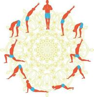 Yoga practices Surya Namaskar or Salute to the Sun or Sun Salutation. vector drawings of all 12 asanas with mandala on the background.