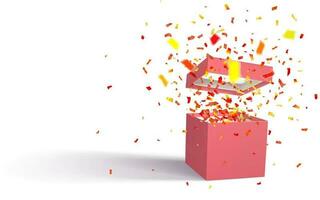 3D render realistic open gift box with confetti. Red paper box with shadow isolated on white background. Vector illustration