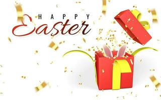 Happy Easter day background with confetti and open red gift box with yellow ribbon isolated on green background. Vector illustration