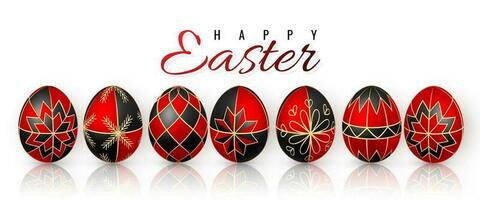 Color Easter egg on white background. Red and black egg paint by beeswax. Vector illustration