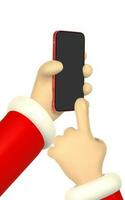 Cartoon character hand with smart phone, scrolling or searching for something. 3d render santa hand. Vector illustration