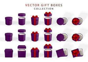 3D render realistic set of gift boxes with red bow. Paper box with red ribbon and shadow isolated on white background. Vector illustration