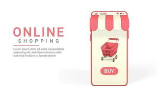 Online shopping concept. Realistic 3d mobilephone with red shopping cart. Online store. Vector illustration