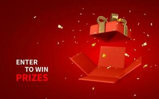 3D render and draw by mesh realistic open red gift box and confetti. Enter to Win Prizes. Vector Illustration