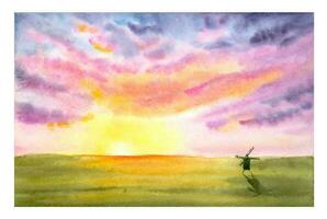 Watercolor sunset landscape with a field and a windmill. vector