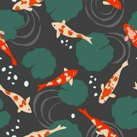 Seamless pattern with fish in the water and plants. Vector graphics.