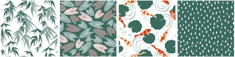 A set of seamless patterns with a natural summer oriental print. Fish in the water, branches with leaves, raindrops. Vector abstract simple graphics.