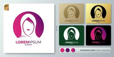 women and hijab vector illustration Logo design. Blank name for insert your Branding. Designed with examples for all kinds of applications. You can used for company, indentity, fashion muslim lady.