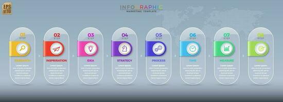 Infographic Business colorful template vector design Round icons 8 options or steps in glass transparency style. You can used for Marketing process, workflow presentations layout, flow chart, print ad