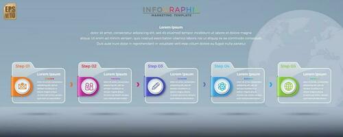 Infographic vector design Business colorful template folder 5 options icons in glass transparency style. You can used for Marketing process, workflow presentations layout, flow chart, print ad.